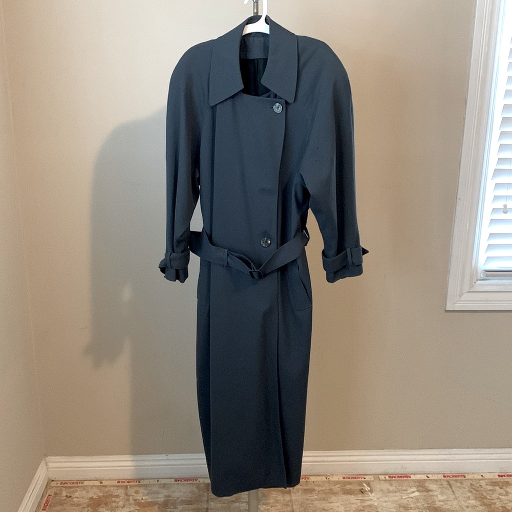 Long blue grey coat. 3 button closure.
